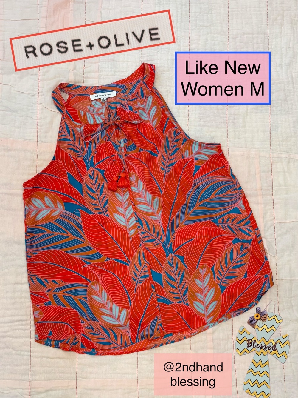 Like New Rose & Olive Orange Tropical Leaf Halter Boho Blouse Sz M, Blue Accents